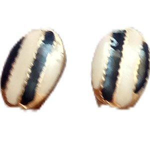 Women's Stud Earrings Clip On Vintage Cream Black Enamel 3/4 Inches For Her